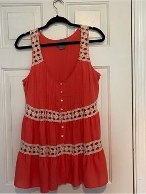 Coral Sleeveless Tunic with Cream Crochet Trim